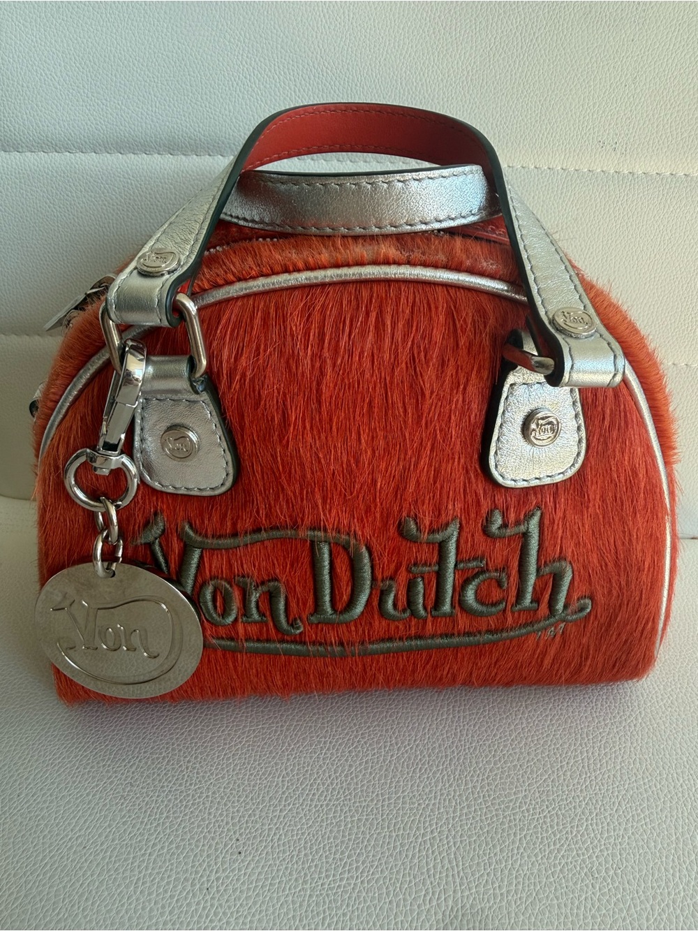 Von Dutch Paris Orange Pony Hair Leather Bowling Bag RARE